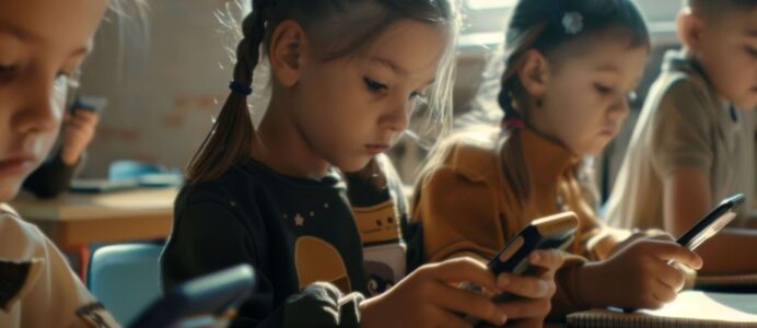 Kind hält ein Smartphone und blickt auf den Bildschirm.