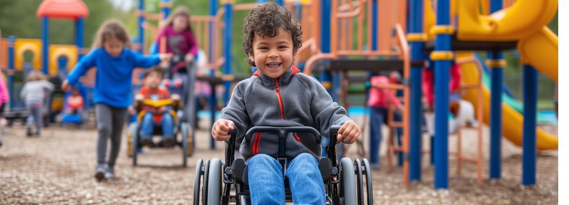 Ein Kind sitzt im Rollstuhl und fährt über den Spielplatz