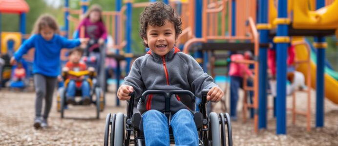 Ein Kind sitzt im Rollstuhl und fährt über den Spielplatz